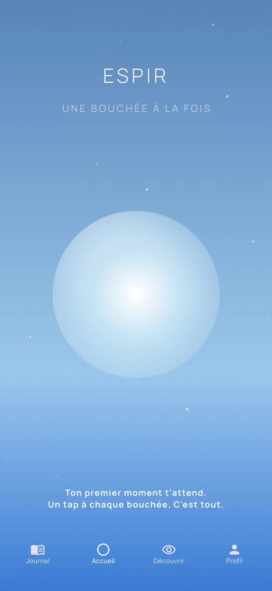 Écran d’accueil original d’ESPIR : fond bleu, bulle bleue et une bouchée à la fois.